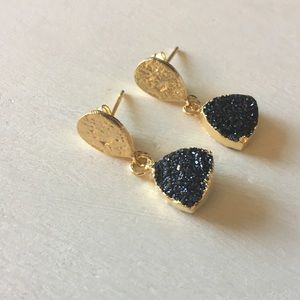 Gold Plated Black Triangle Druzy Stone Earrings